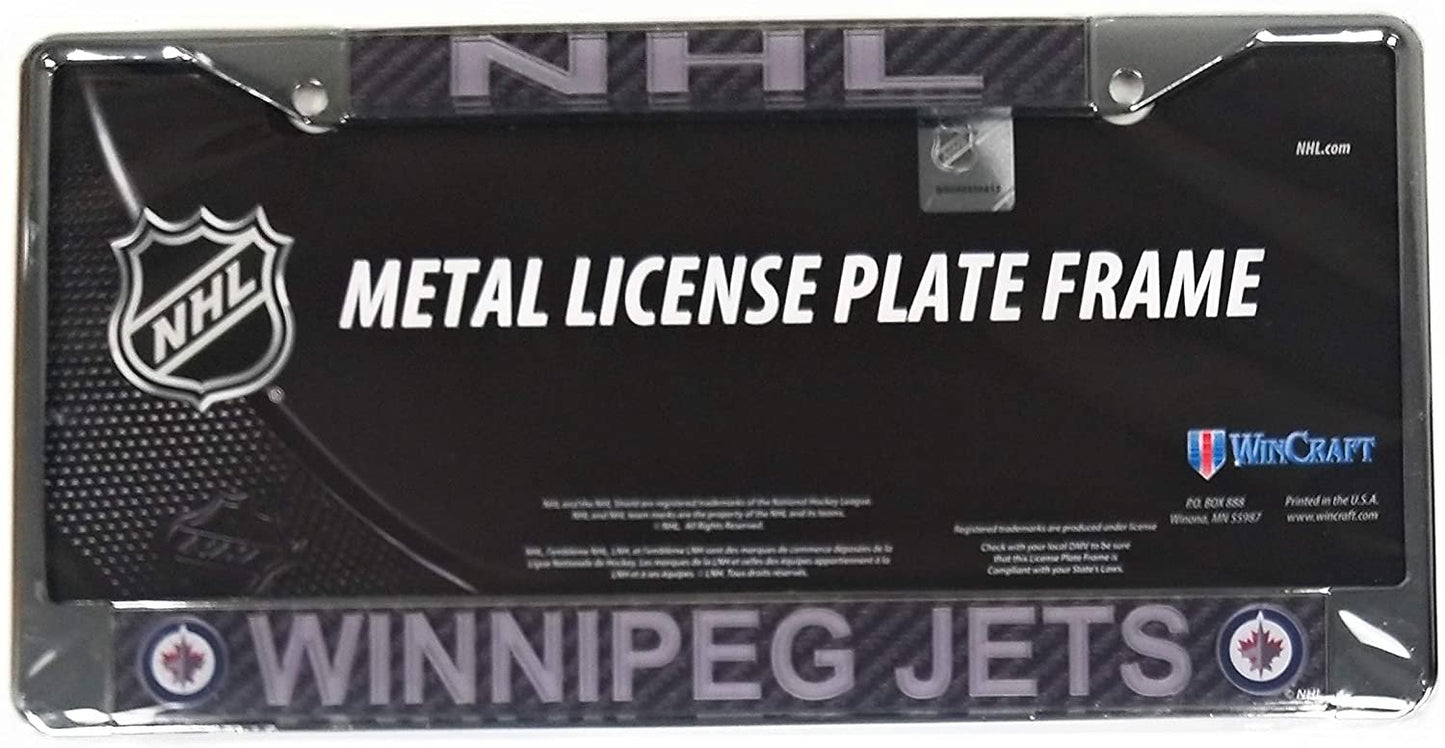 Winnipeg Jets Metal License Plate Frame Tag Cover, Laser Mirrored Carbon Fiber Design Inserts, 12x6 Inch by Fielders Choice