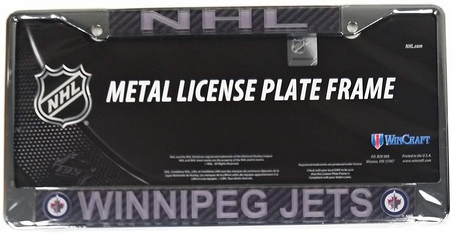 Winnipeg Jets Metal License Plate Frame Tag Cover, Laser Mirrored Carbon Fiber Design Inserts, 12x6 Inch by Fielders Choice