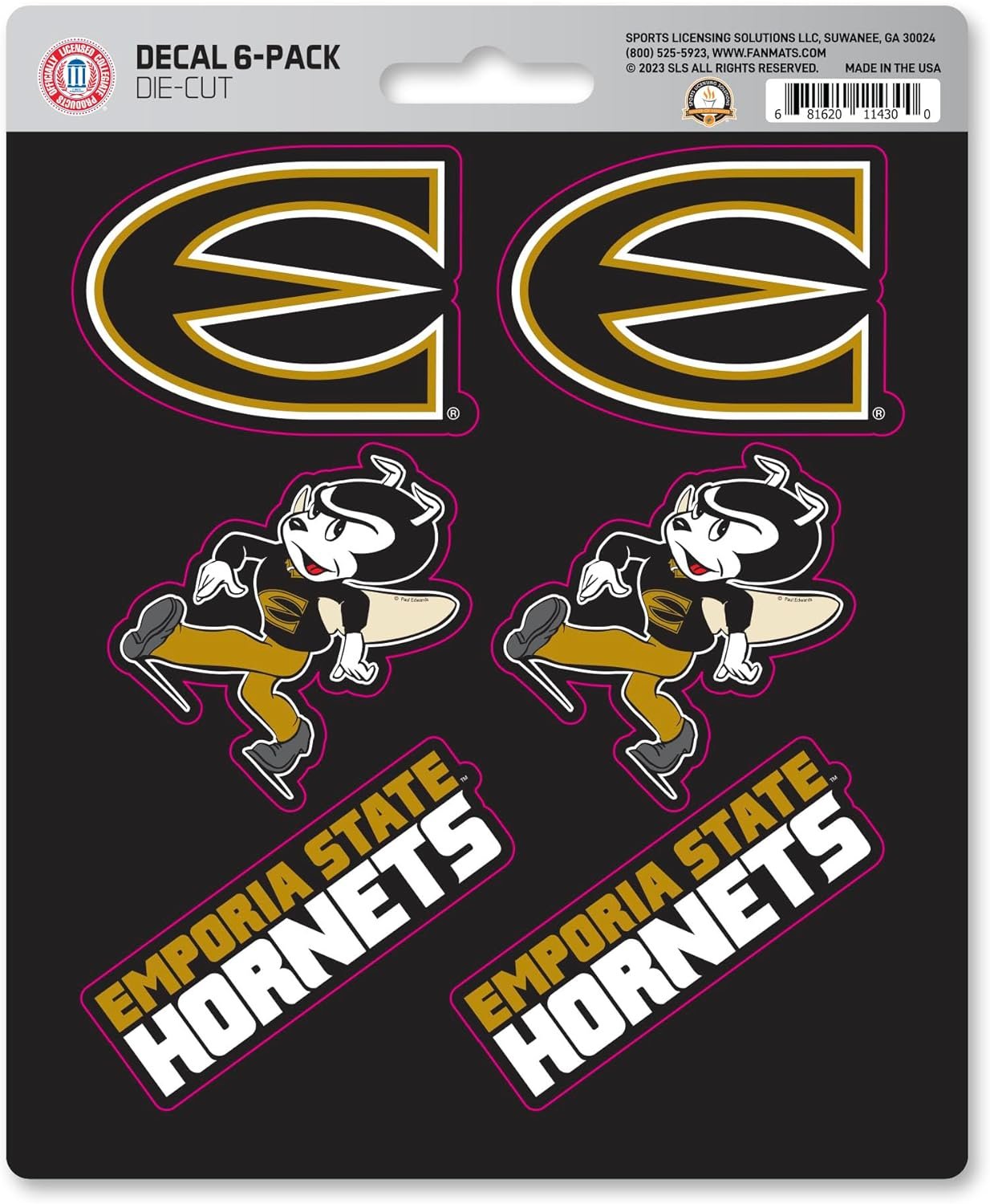 Emporia State University Hornets 6-Piece Decal Sticker Set, 5x6 Inch Sheet, Gift for football fans for any hard surfaces around home, automotive, personal items by Fielders Choice