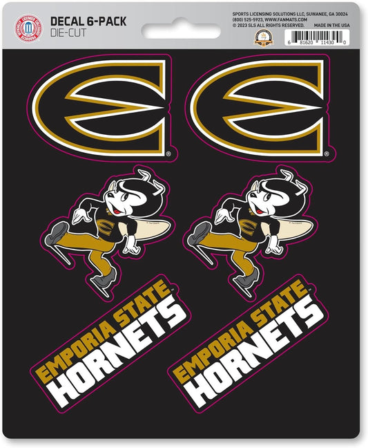 Emporia State University Hornets 6-Piece Decal Sticker Set, 5x6 Inch Sheet, Gift for football fans for any hard surfaces around home, automotive, personal items by Fielders Choice
