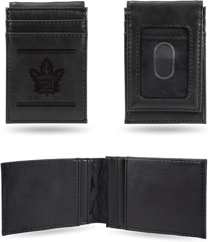 Toronto Maple Leafs Premium Black Leather Wallet, Front Pocket Magnetic Money Clip, Laser Engraved, Vegan by Fielders Choice