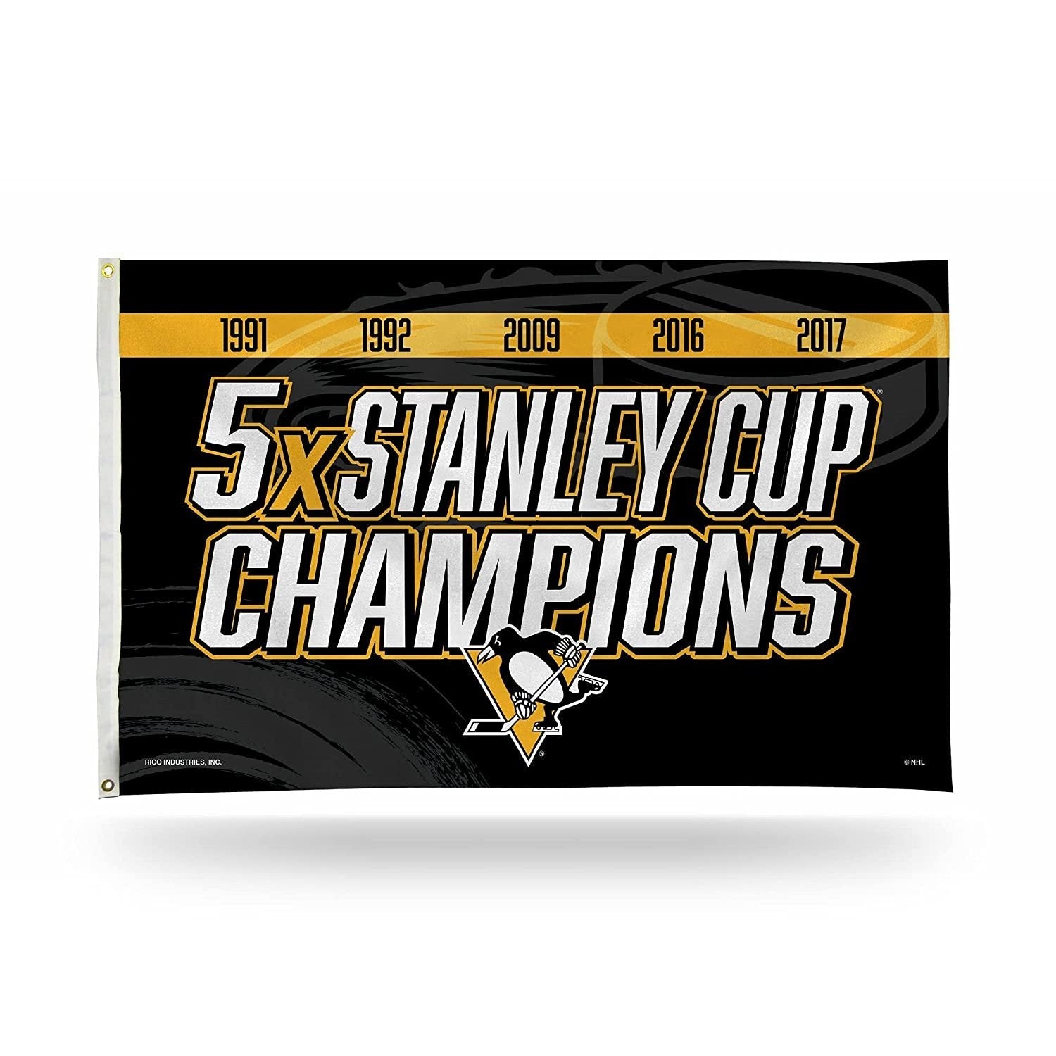 Pittsburgh Penguins 5X Stanley Cup Champions 3x5 Foot Flag Banner, Metal Grommets, Indoor Outdoor, Single Sided by Fielders Choice