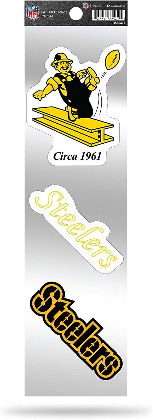 Pittsburgh Steelers 3-Piece Retro Decal Sticker Sheet, Die Cut, Clear Backing, 3x12 Inch by Fielders Choice