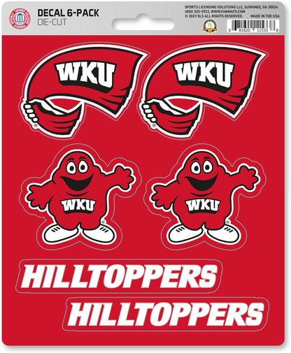 Western Kentucky University Hilltoppers 6-Piece Decal Sticker Set, 5x6 Inch Sheet, Gift for football fans for any hard surfaces around home, automotive, personal items by Fielders Choice