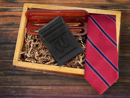 University of Wisconsin Badgers Premium Black Leather Wallet, Front Pocket Magnetic Money Clip, Laser Engraved, Vegan by Fielders Choice