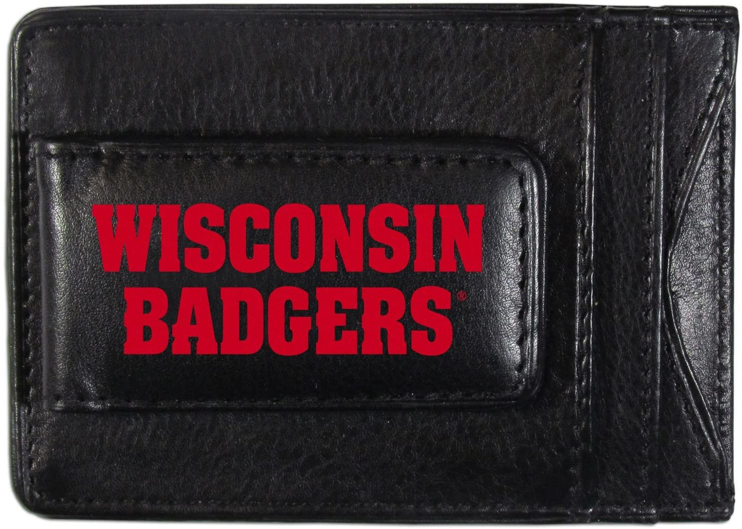 University of Wisconsin Badgers Black Leather Wallet, Front Pocket Magnetic Money Clip, Printed Logo by Fielders Choice