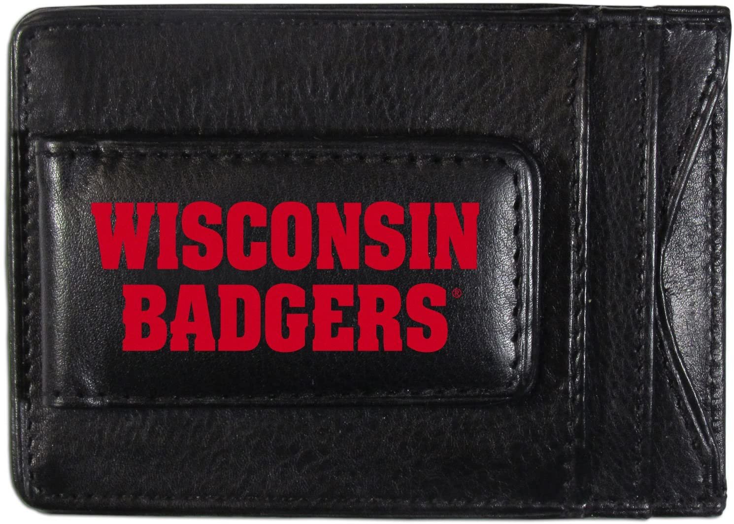 University of Wisconsin Badgers Black Leather Wallet, Front Pocket Magnetic Money Clip, Printed Logo by Fielders Choice