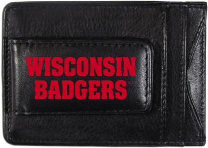 University of Wisconsin Badgers Black Leather Wallet, Front Pocket Magnetic Money Clip, Printed Logo by Fielders Choice