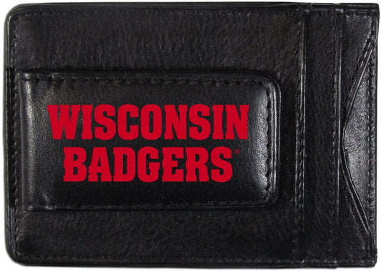 University of Wisconsin Badgers Black Leather Wallet, Front Pocket Magnetic Money Clip, Printed Logo by Fielders Choice