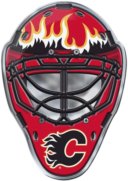 Calgary Flames Mask Auto Emblem, Aluminum Metal, Embossed Team Color, Raised Decal Sticker, Full Adhesive Backing by Fielders Choice
