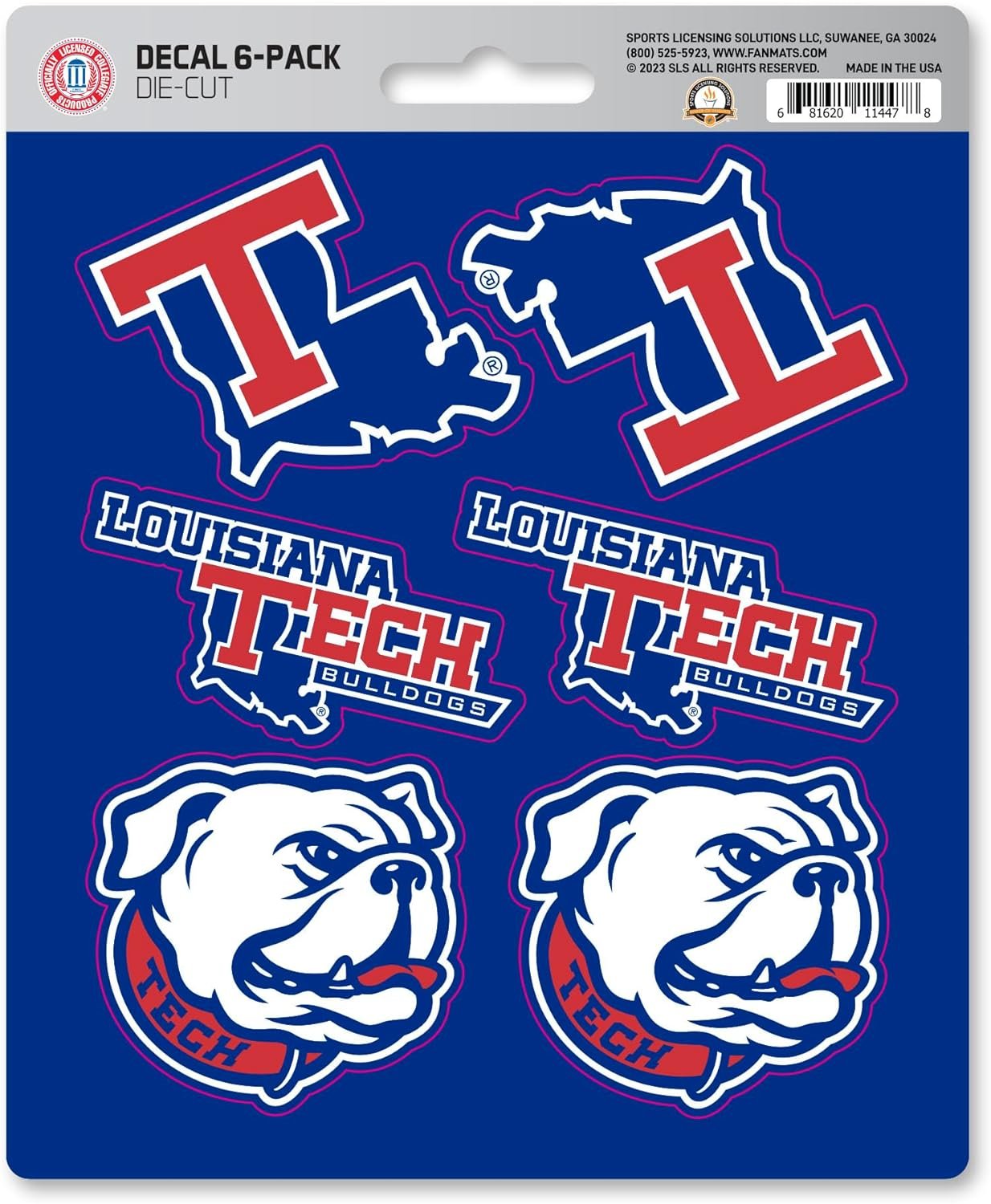 Louisiana Tech University Bulldogs 6-Piece Decal Sticker Set, 5x6 Inch Sheet, Gift for football fans for any hard surfaces around home, automotive, personal items by Fielders Choice
