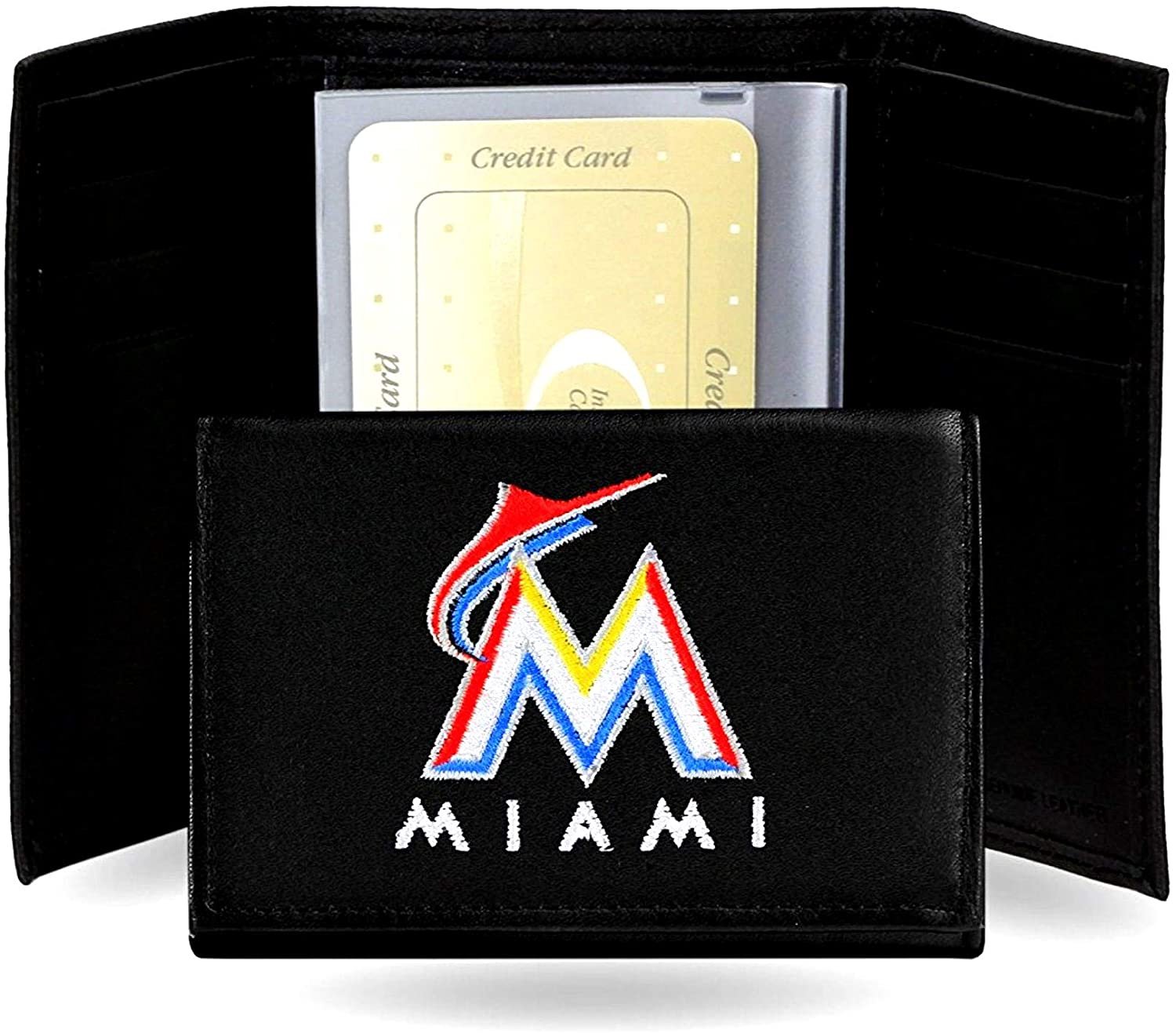 Miami Marlins Premium Black Leather Wallet, Bifold Billfold, Embroidered Logo by Fielders Choice