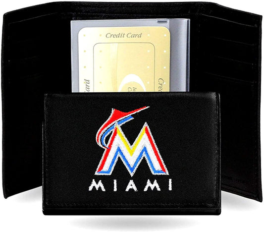 Miami Marlins Premium Black Leather Wallet, Bifold Billfold, Embroidered Logo by Fielders Choice