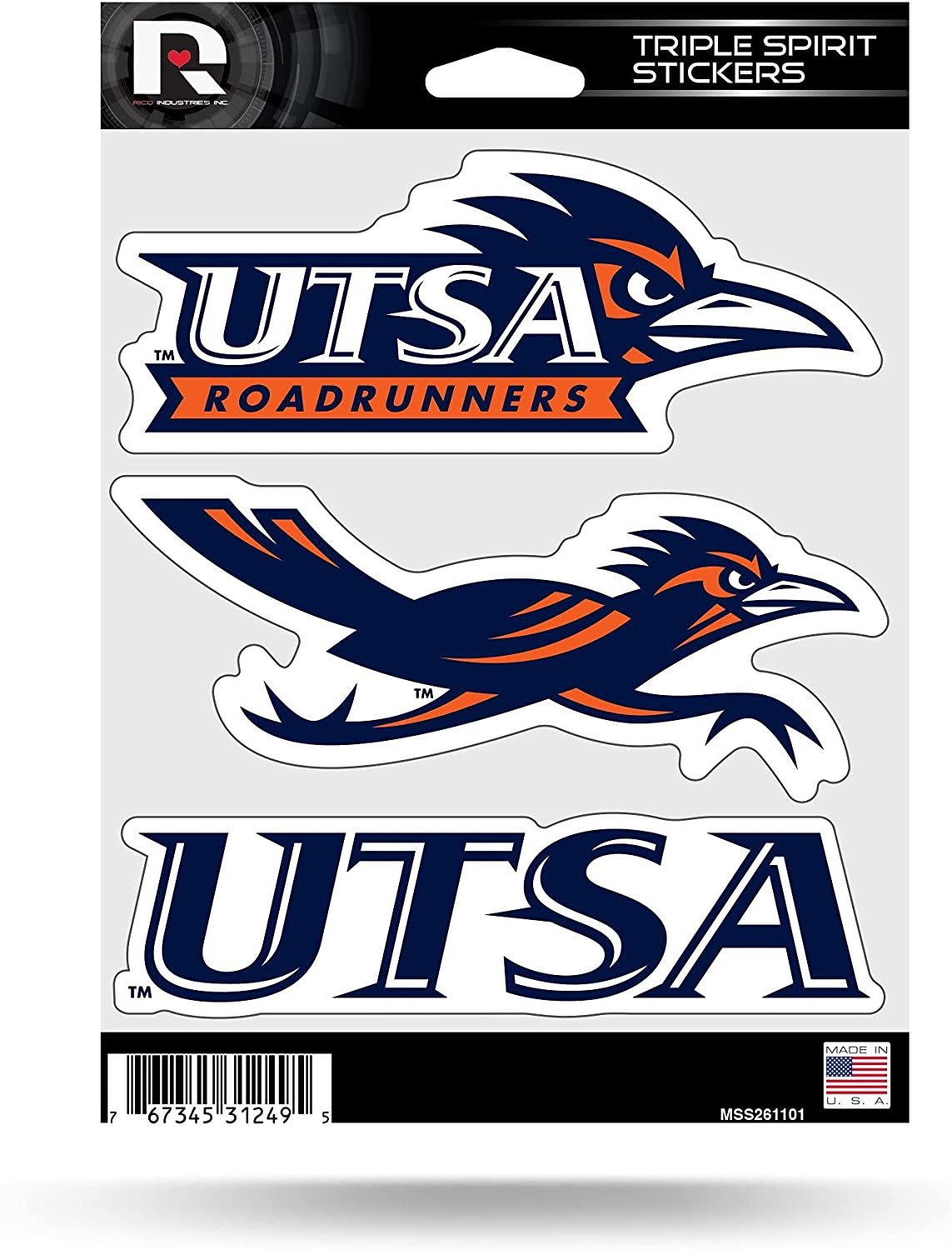 University of Texas San Antonio Roadrunners UTSA 3 Piece Decal Sheet Triple Sticker by Fielders Choice