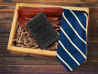 University of Virginia Cavaliers Premium Black Leather Wallet, Front Pocket Magnetic Money Clip, Laser Engraved, Vegan by Fielders Choice