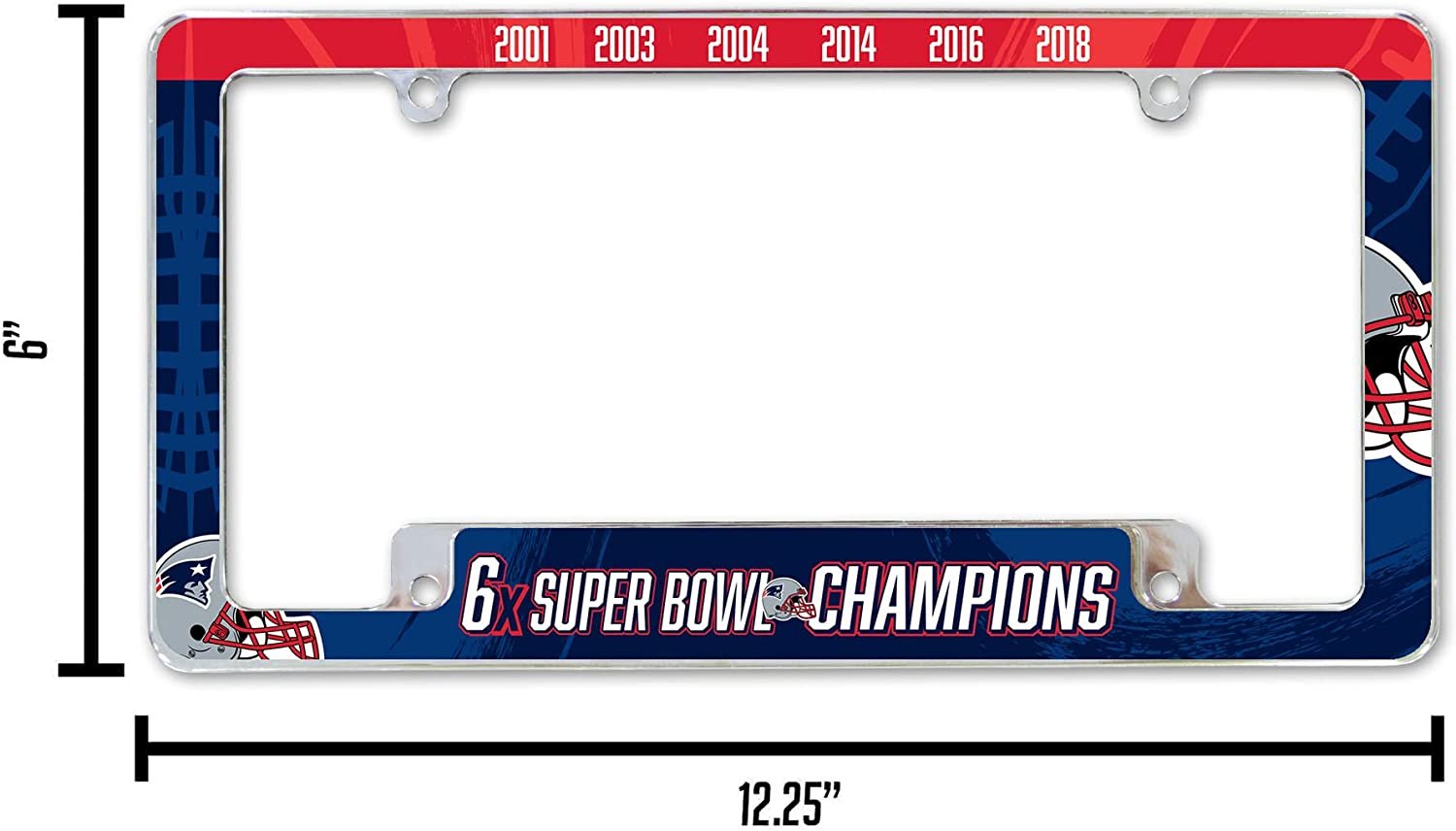 New England Patriots 6-Time 6X Champions Metal License Plate Frame Chrome Tag Cover 6x12 Inch by Fielders Choice