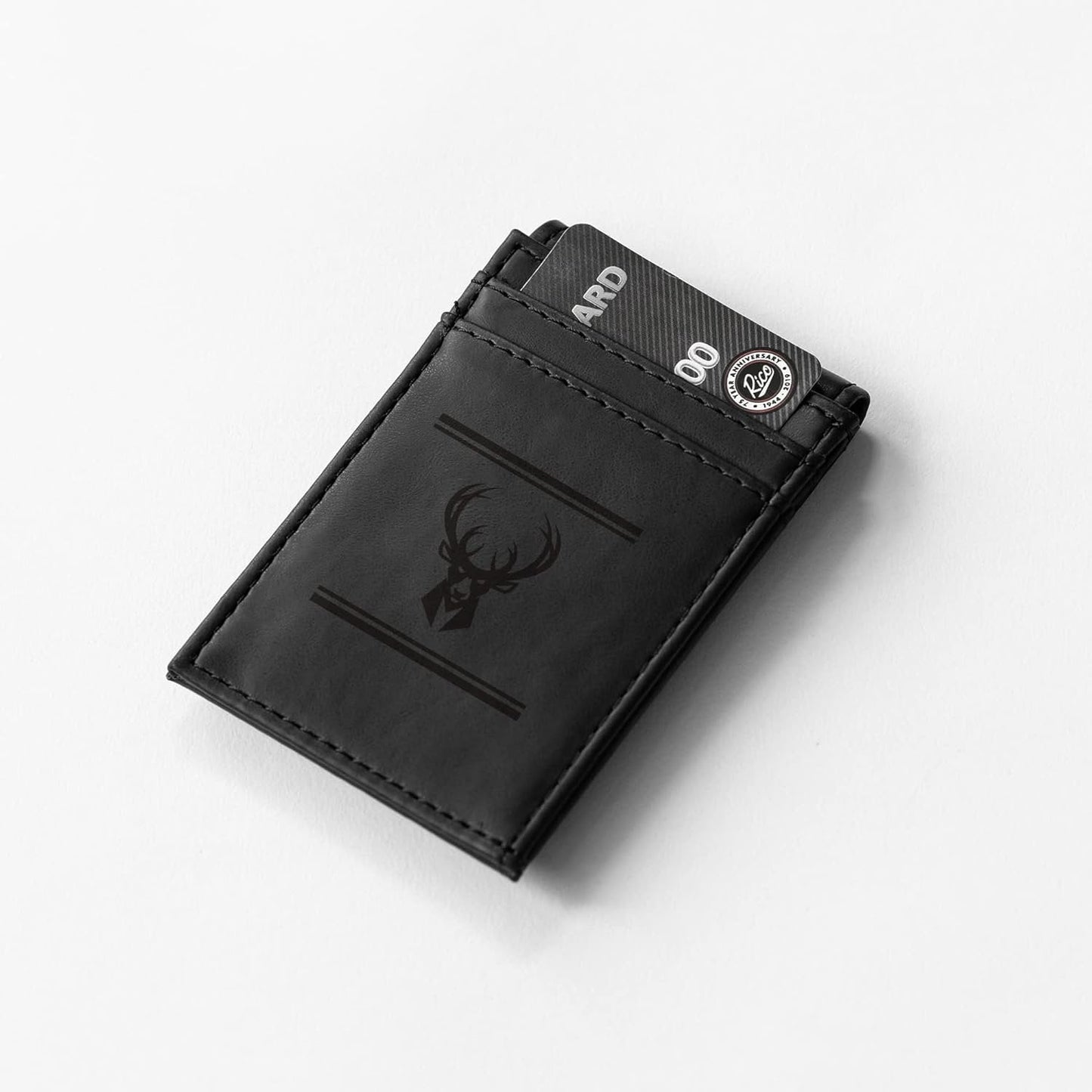 Milwaukee Bucks Premium Black Leather Wallet, Front Pocket Magnetic Money Clip, Laser Engraved, Vegan by Fielders Choice