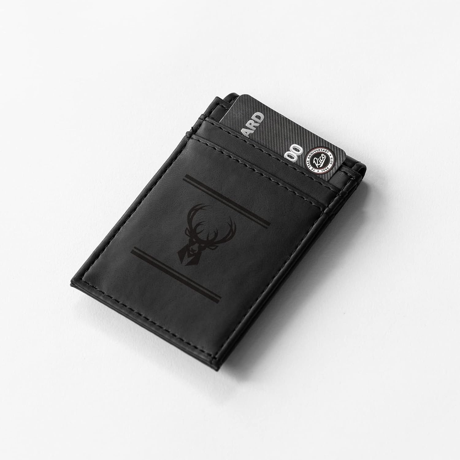 Milwaukee Bucks Premium Black Leather Wallet, Front Pocket Magnetic Money Clip, Laser Engraved, Vegan by Fielders Choice