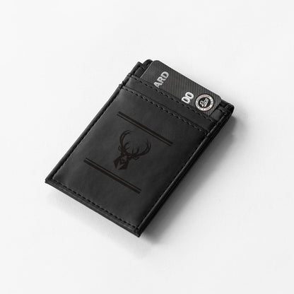 Milwaukee Bucks Premium Black Leather Wallet, Front Pocket Magnetic Money Clip, Laser Engraved, Vegan by Fielders Choice