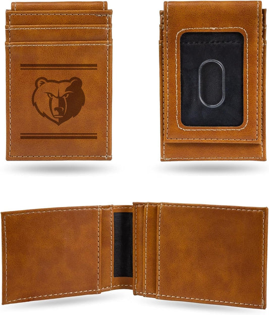 Rico Industries NBA Memphis Grizzlies Premium Laser Engraved Vegan Brown Leather Front Pocket Wallet - Compact and Slim yet Sturdy Design - Perfect to Show Your Team Pride or Gift by Fielders Choice