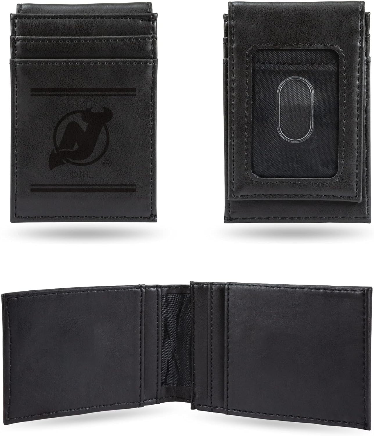 New Jersey Devils Premium Black Leather Wallet, Front Pocket Magnetic Money Clip, Laser Engraved, Vegan by Fielders Choice