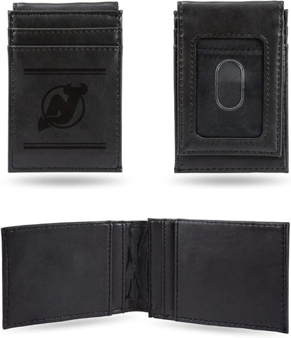 New Jersey Devils Premium Black Leather Wallet, Front Pocket Magnetic Money Clip, Laser Engraved, Vegan by Fielders Choice