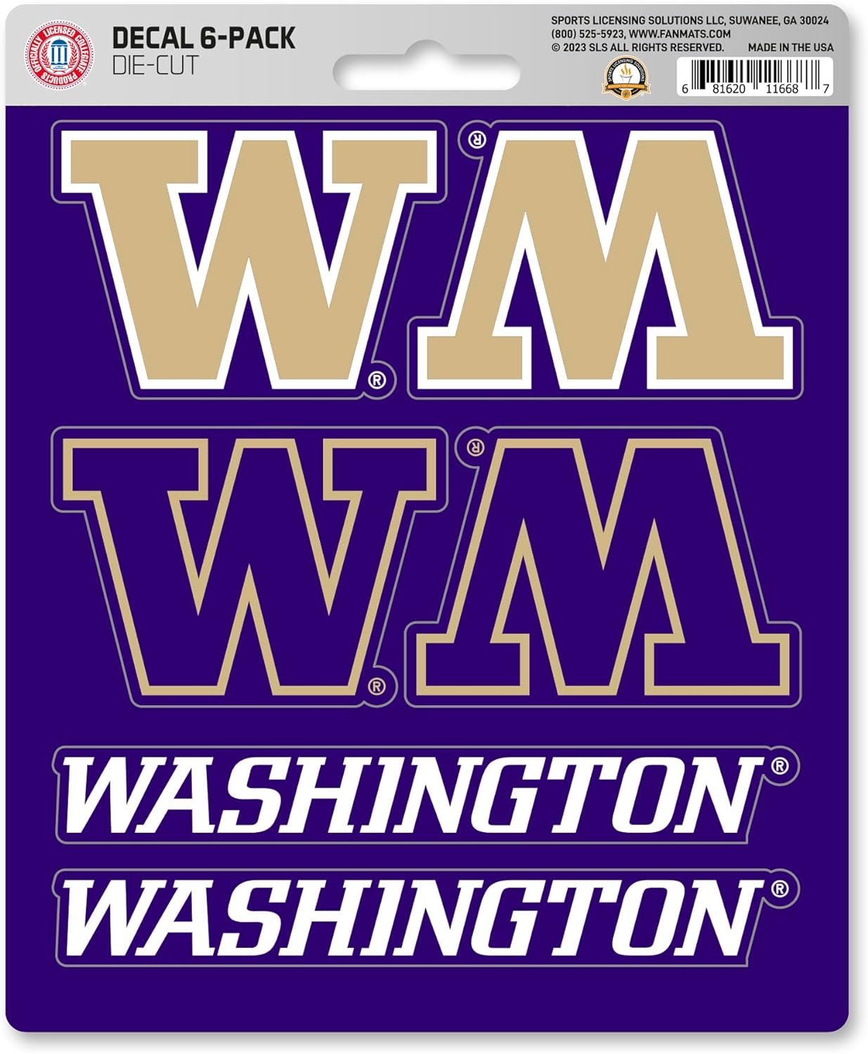 University of Washington Huskies 6-Piece Decal Sticker Set, 5x6 Inch Sheet, Gift for football fans for any hard surfaces around home, automotive, personal items by Fielders Choice