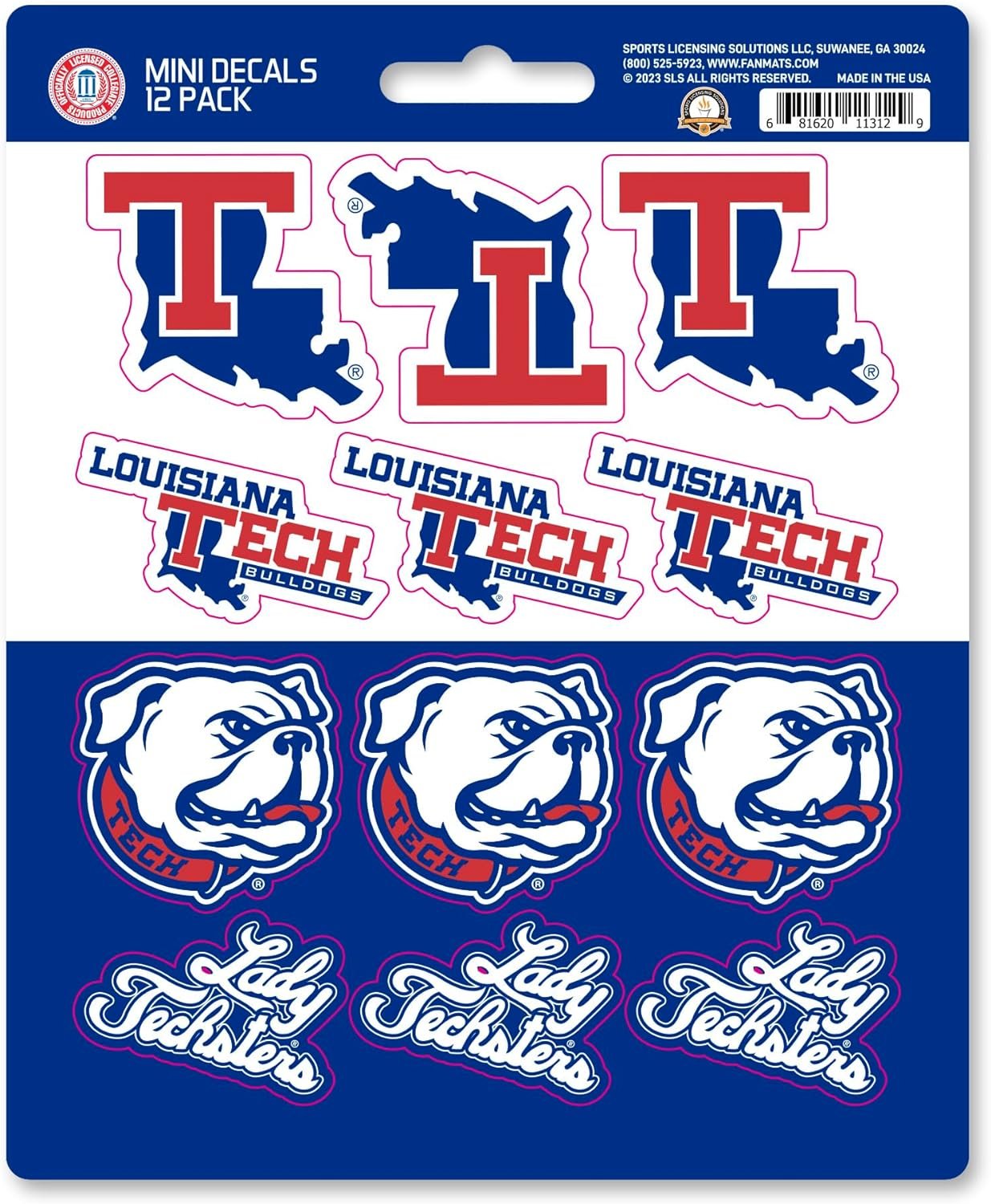 Louisiana Tech University Bulldogs 12-Piece Mini Decal Sticker Set, 5x6 Inch Sheet, Gift for football fans for any hard surfaces around home, automotive, personal items by Fielders Choice