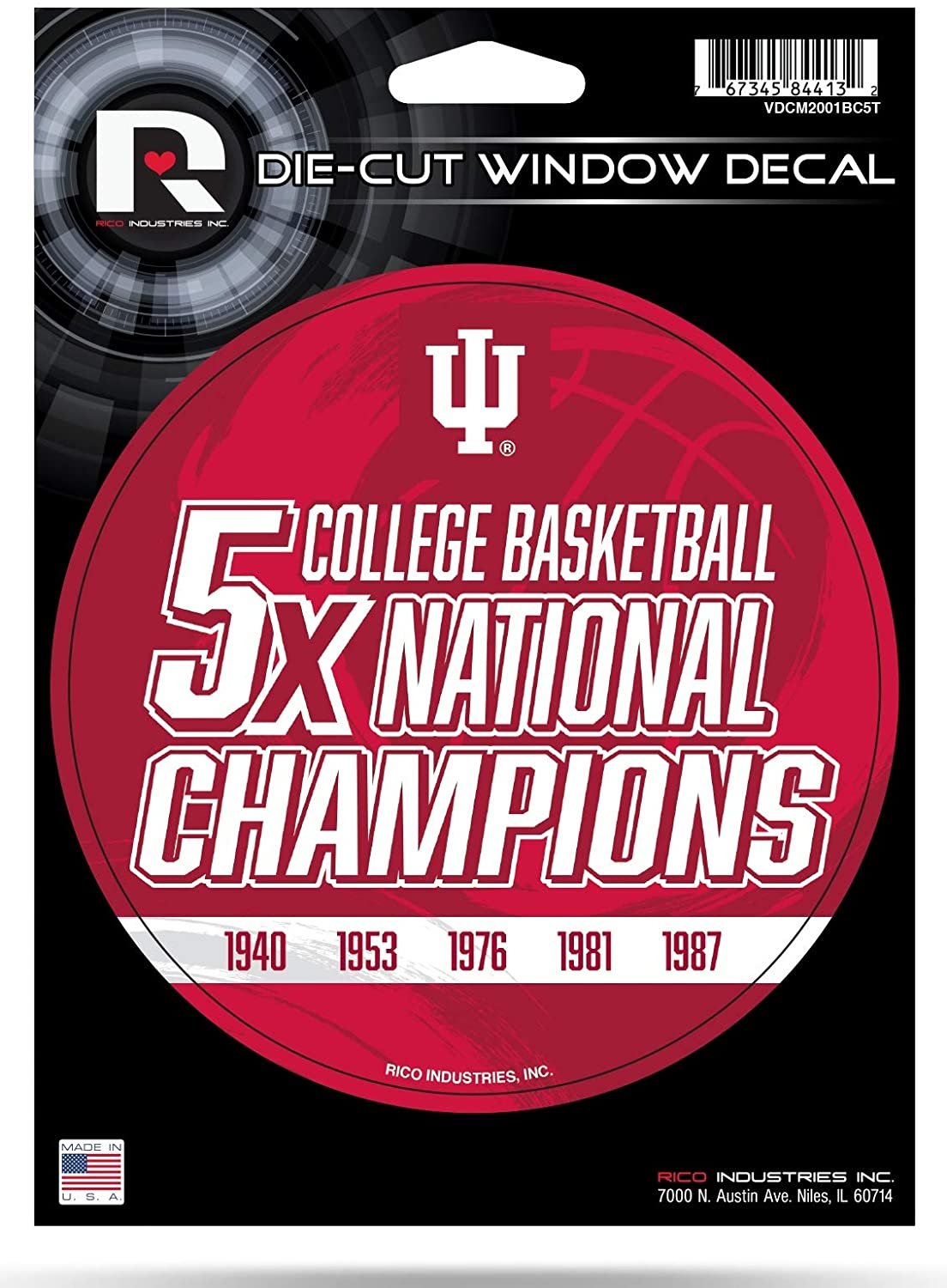 Indiana Hoosiers 5" Decal Sticker 5X Time Champions Flat Vinyl Auto Emblem College Basketball University of by Fielders Choice