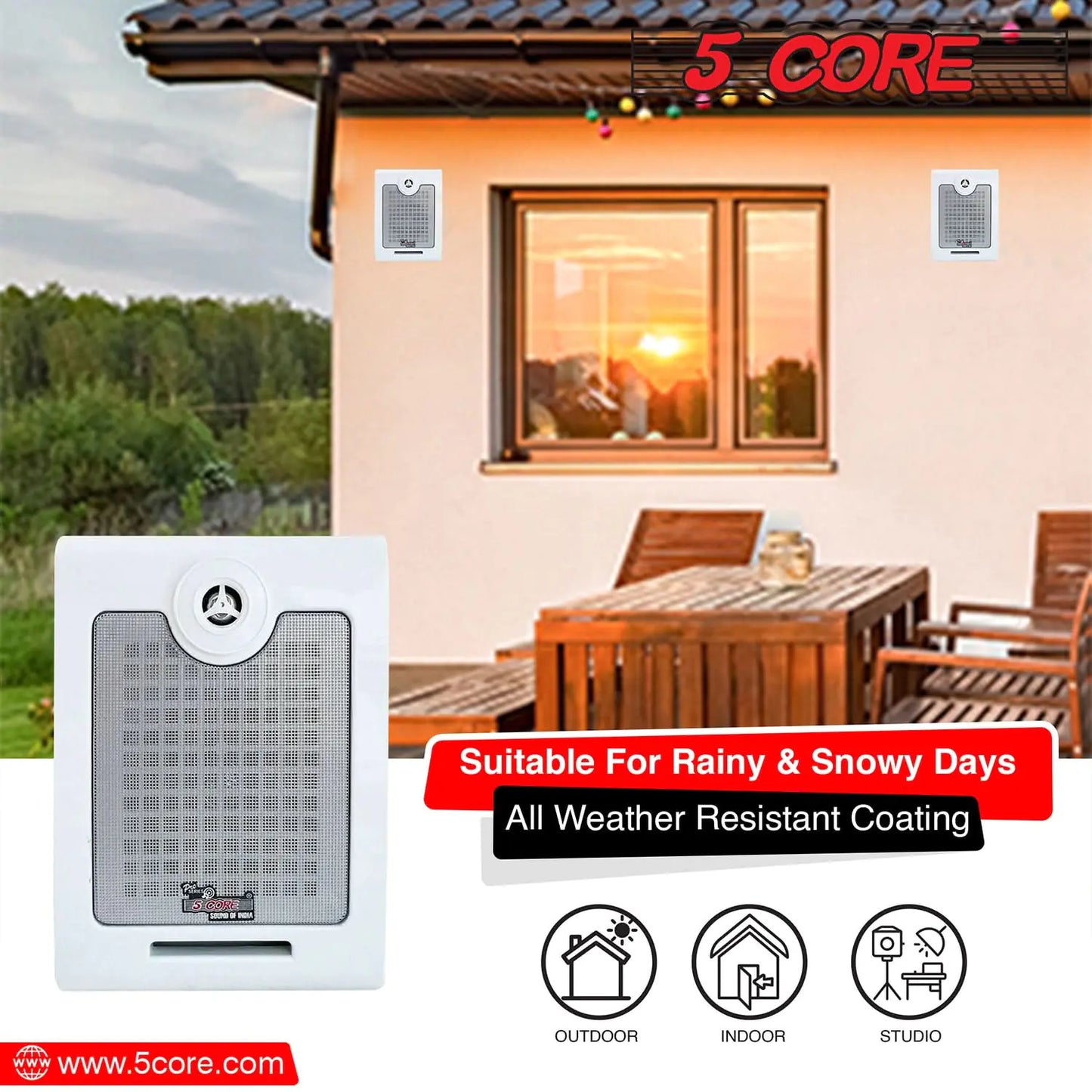 5Core Outdoor Speakers Stereo In Wall 500W Peak Passive Home Audio System by Anti Spier