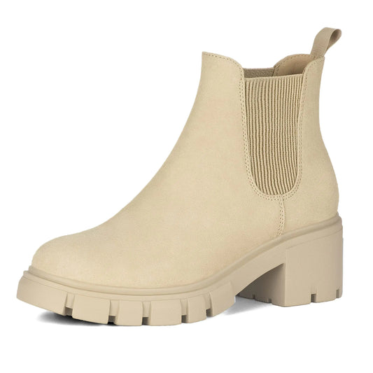 Athlefit Women's Chelsea Boots Fashion Lug Sole Chunky Heel Slip on Elastic Ankle Booties 10 Apricot by Anti Spier