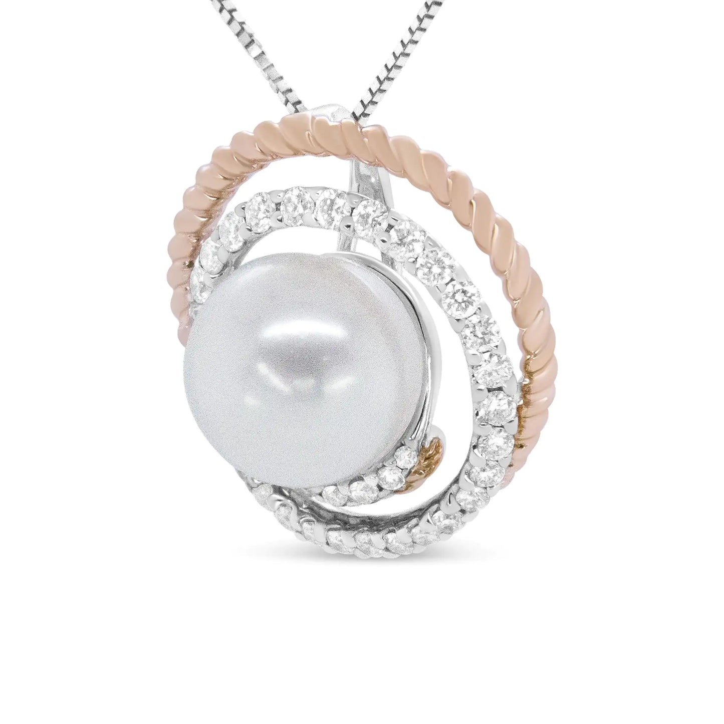 14K Rose and White Gold 3/8 Cttw Pave Diamond and 9mm Round Pearl Spiral Openwork 18" Pendant Necklace- (H-I Color, VS1-VS2 Clarity) by Anti Spier