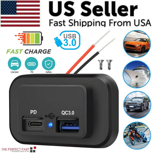 12-24V 4.8A Dual USB PD QC3.0 Car Boat RV Fast Charger Socket LED Power Outlet by Anti Spier