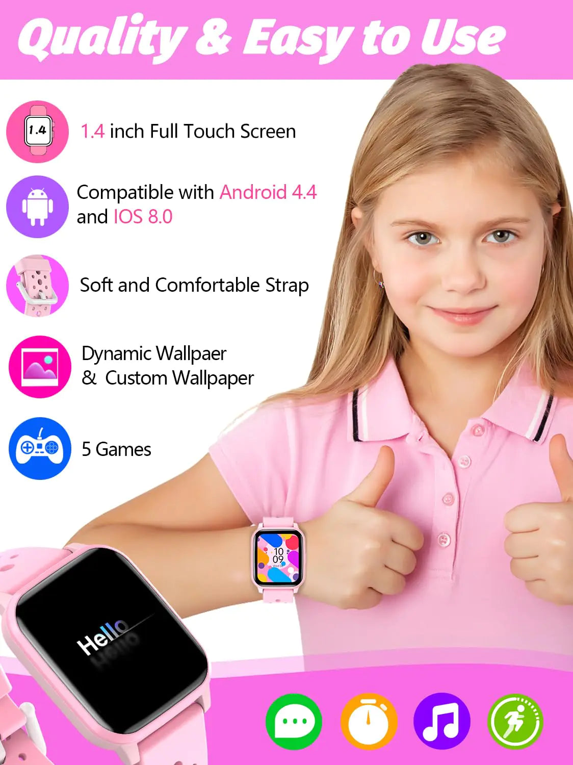 Kids Smart Watch Girls Boys, Smart Watch for Kids Game Smart Watch Gifts for 4-16 Years Old with Sleep Mode 20 Sports Modes 5 Games Pedometer Birthday Gift for Boys Girls (Pink) Pink by Anti Spier