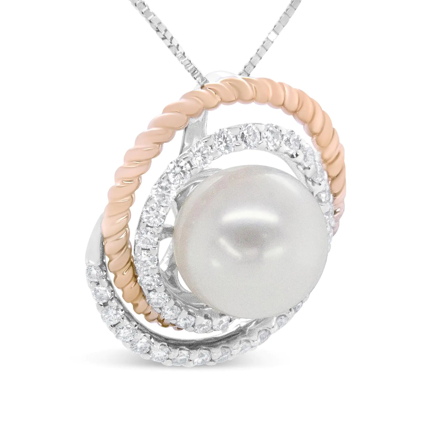 14K Rose and White Gold 3/8 Cttw Pave Diamond and 9mm Round Pearl Spiral Openwork 18" Pendant Necklace- (H-I Color, VS1-VS2 Clarity) by Anti Spier