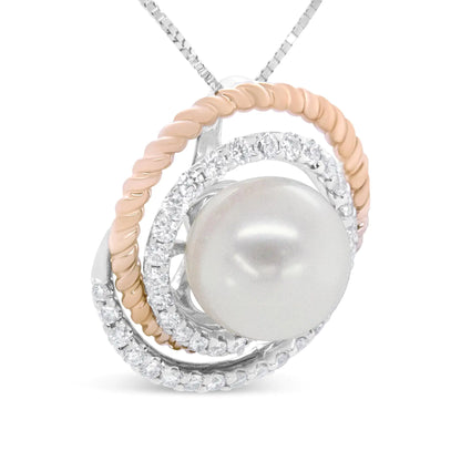 14K Rose and White Gold 3/8 Cttw Pave Diamond and 9mm Round Pearl Spiral Openwork 18" Pendant Necklace- (H-I Color, VS1-VS2 Clarity) by Anti Spier