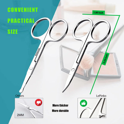 Facial Hair Small Grooming Scissors For Men Women - Eyebrow, Nose Hair, Mustache, Beard, Eyelashes, Ear Trimming Kit - Curved and Rounded Safety Tip Clippers For Hair Cutting - 2PCS Silver by Anti Spier