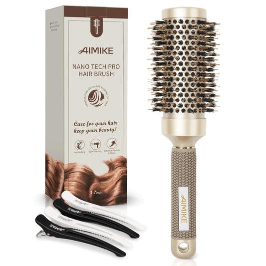 AIMIKE Round Brush, Nano Thermal Ceramic & Ionic Tech Hair Brush, Round Barrel Brush with Boar Bristles for Blow Drying, Styling, Curling, Add Volume & Shine (2.9 inch, Barrel 1.7 inch) + 4 Clips 43mm-1.7 Inch (2.9 Inch with Bristles) by Anti Spier