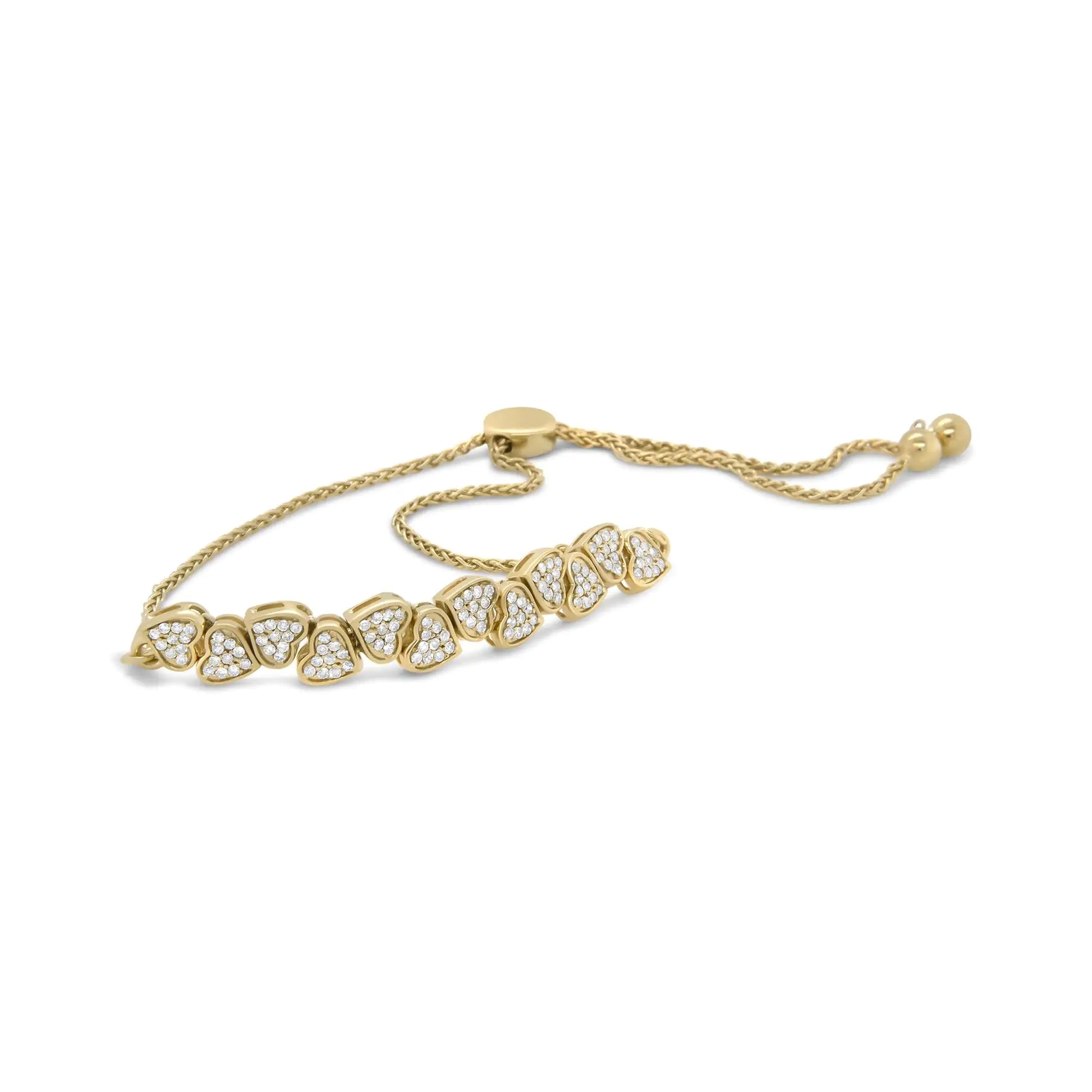 Yellow Gold Plated .925 Sterling Silver 1/2 Cttw Diamond Sideways Hearts Bolo Bracelet (H-I Color, I1-I2 Clarity) - 4”-10” Adjustable by Anti Spier