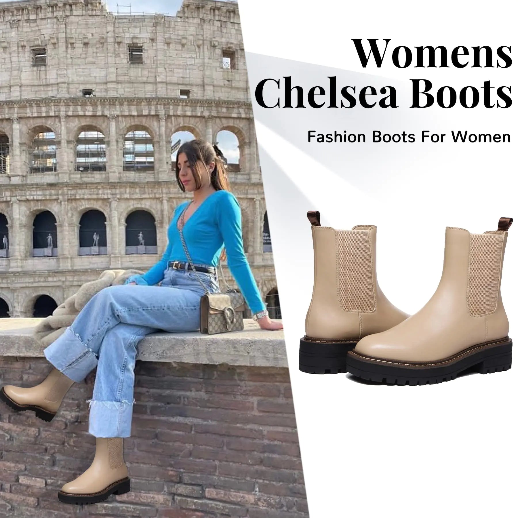Athlefit Women's Chelsea Ankle Boots Platform Slip On Chunky Heel Lug Sole Leather Booties 9.5 Khaki by Anti Spier