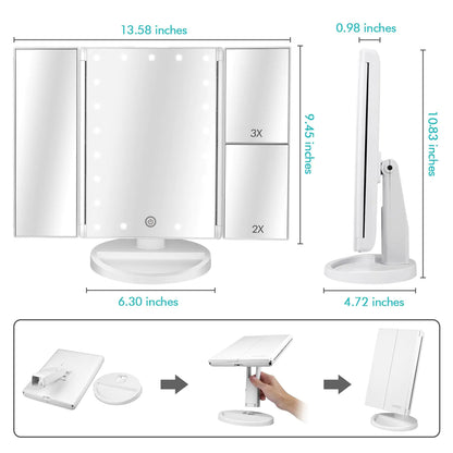 Floor Mount Tri-Fold Lighted Vanity Mirror with 21 LED Lights, Touch Screen and 3X/2X/1X Magnification, Two Power Supply Modes Make Up Mirror,Travel Mirror White by Anti Spier