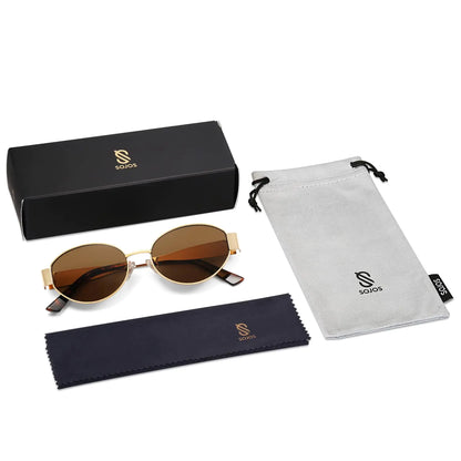 SOJOS Retro Oval Sunglasses for Women Men Trendy Sun Glasses Classic Shades UV400 Protection SJ1217 Gold/Grey by Anti Spier