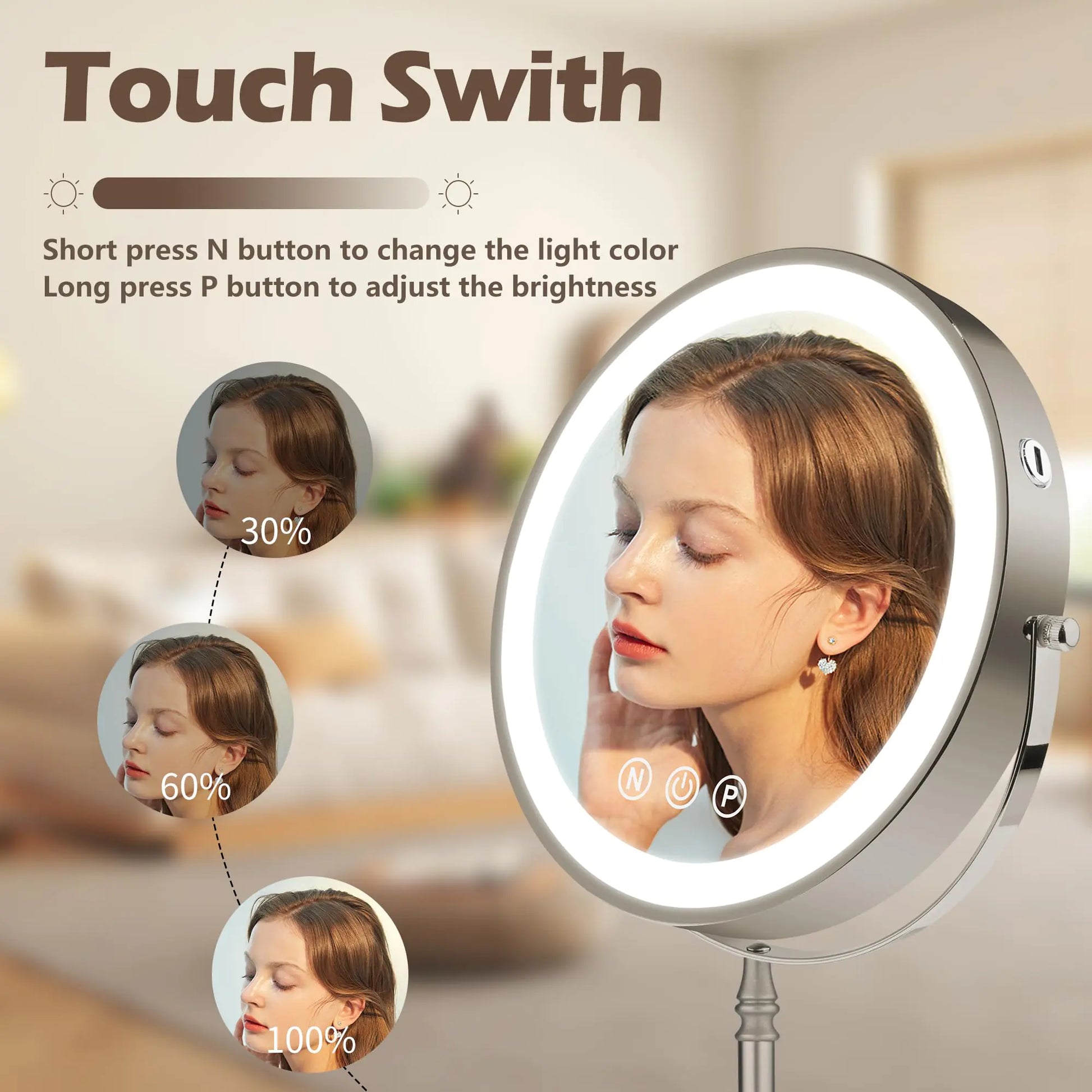 9" Large Makeup Mirror with Lights, 1X/10X Magnifying Vanity Mirror with 3 Colors Dimmable Lightning, 80 LED Lights, 360°Rotation Double Sided Standing Lighted Makeup Mirror Nickel Matte Nickel by Anti Spier