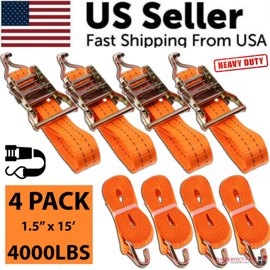 4 PK Ratchet Tie Down Straps 1.5" x 15 Feet 4,000 LB Safety J Hook Heavy Duty US by Anti Spier
