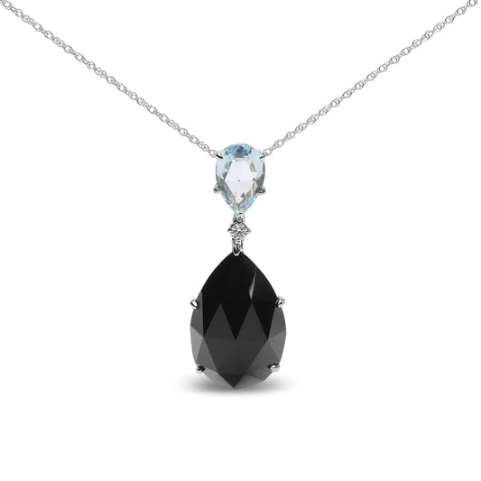 18K White Gold Diamond Accent and Pear Cut Sky Blue Topaz and Pear Cut Black Onyx Dangle Drop 18" Pendant Necklace (G-H Color, SI1-SI2 Clarity) by Anti Spier