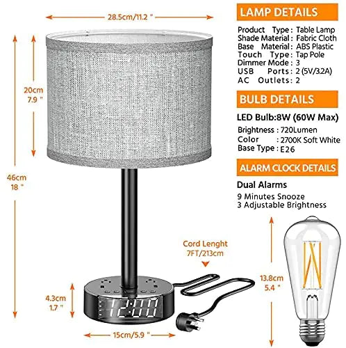 Bedside Table Lamp Alarm Clock Charging - 3 Brightness Level by Anti Spier