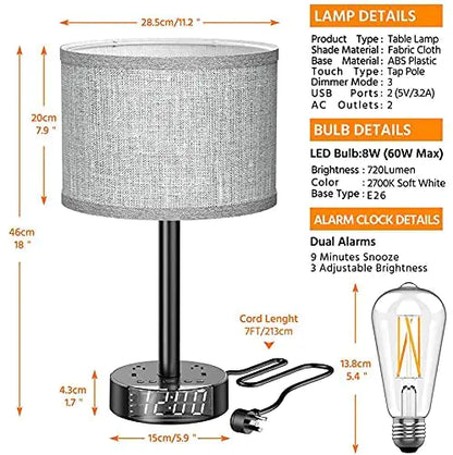 Bedside Table Lamp Alarm Clock Charging - 3 Brightness Level by Anti Spier