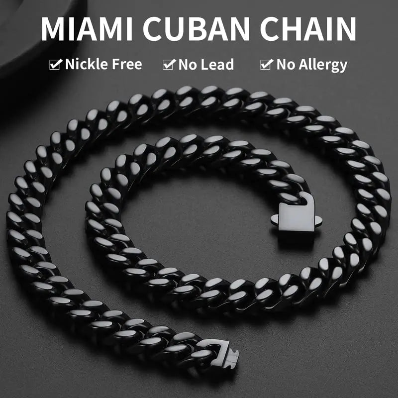 ChainsHouse Stainless Steel Mens Cuban Link Chain, Black/18K Gold Miami Cuban Chain Necklace, 5/7/9mm/12mm Width, No Tarnish& Durable Hip Hop Mens Jewelry, 18"-30", Send Gift Box 20 inches d. 12mm width-black by Anti Spier