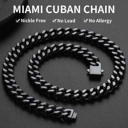 ChainsHouse Stainless Steel Mens Cuban Link Chain, Black/18K Gold Miami Cuban Chain Necklace, 5/7/9mm/12mm Width, No Tarnish& Durable Hip Hop Mens Jewelry, 18"-30", Send Gift Box 20 inches d. 12mm width-black by Anti Spier