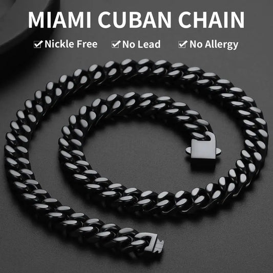 ChainsHouse Stainless Steel Mens Cuban Link Chain, Black/18K Gold Miami Cuban Chain Necklace, 5/7/9mm/12mm Width, No Tarnish& Durable Hip Hop Mens Jewelry, 18"-30", Send Gift Box 20 inches d. 12mm width-black by Anti Spier